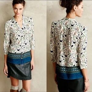 Maeve White and Green Owl Print Blouse Size 6